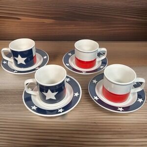 Set of 4 Texas Lone Star Cups & Saucers Patriotic Red White Blue Totally Today